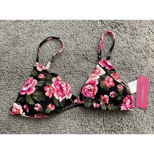 NWT Xhilaration Jr bikini swimsuit top Hot Pink/Black/grn Floral Size Med
